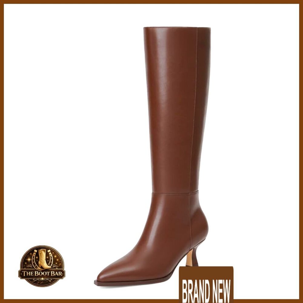 Knee High Boots Kitten Heel Faux Leather Pointed Toe Side Zipper Elegant Chic